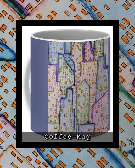 A vibrantly colored cluster of high rises in pastels. On a coffee mug.