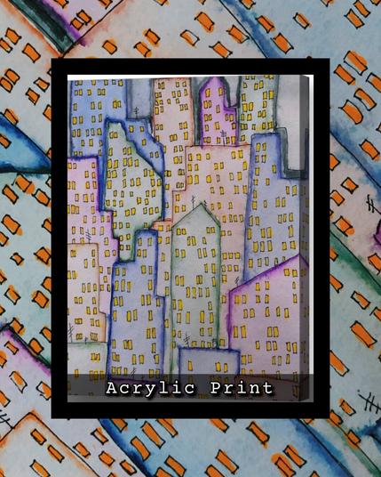 A vibrantly colored cluster of high rises in pastels. On an acrylic print.