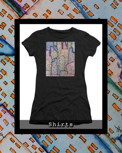 A vibrantly colored cluster of high rises in pastels. On a shirt.