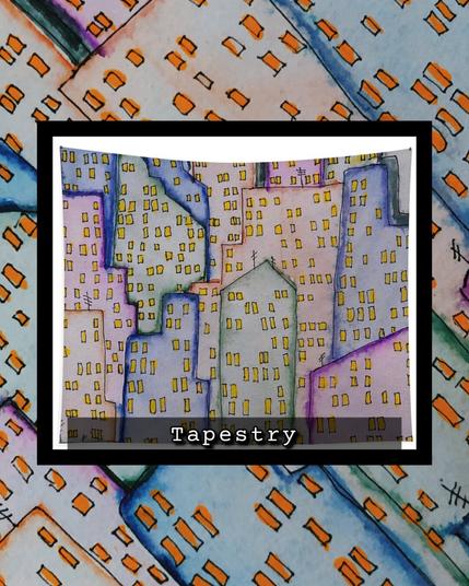 A vibrantly colored cluster of high rises in pastels. On a tapestry.