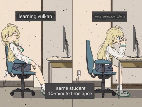 Caption at the bottom: "same student 10-minute timelapse"
Caption on the left: "learning vulkan"
Picture on the left: "girl sleeping on the computer deskt"
Caption on the right: "voice feminization tutorial"
Picture on the right: "girl looks on the screen with captivated look while holding her hands locked"