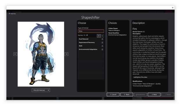 A screenshot from the Commlink6 application, showing an creation wizard page with an illustration of a shark shapeshifter on the left and configuration options and explanations on the remaining screen.