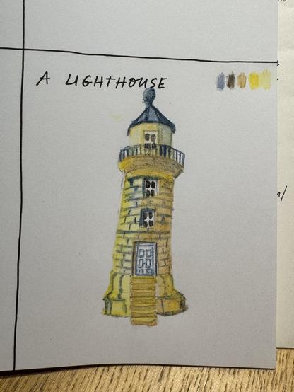 A hand-drawn lighthouse is depicted with a stone base, a small balcony, and a dome on top, accompanied by the color swatches used in the drawing.