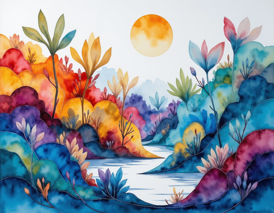 Bright, whimsical colorful spring landscape, with an abundance of blooming plants, by a river winding through rolling hills, under a golden sun in a light, hazy sky. Watercolor style.
