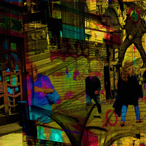 Barcelona digital edited multiple exposure street photography, made with the GNU Image Manipulation Program.
