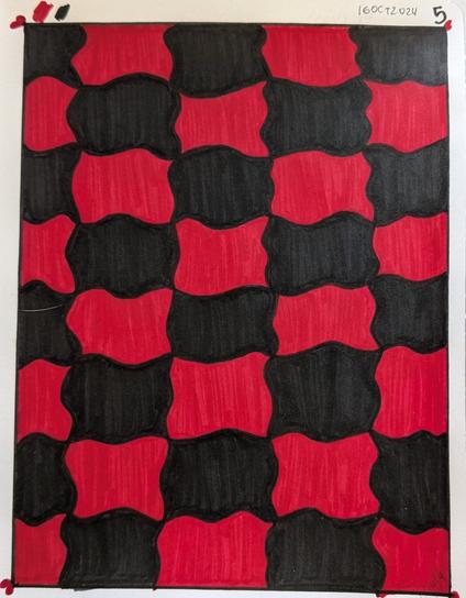 drawing that looks like a wavy chessboard in red and black