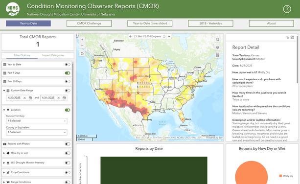 CMOR app showing the report location in southwest Kansas.