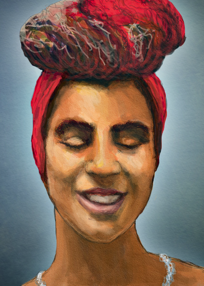 A portrait of a young woman, smiling, eyes closed, and wearing a red knit cap.