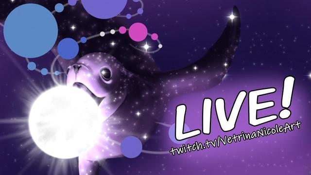 Stream announcement featuring a WIP of a digital painting by me. The painting is of a seal "swimming" in space, with planets and moons swirling around it. The seal is chasing after the sun and about to catch it in its mouth. The color scheme is pink, purple, and blue. The text says "LIVE! Twitch dot TV slash Vetrina Nicole Art"