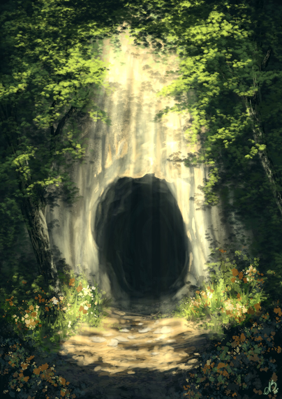 A digital painting by Tired & True artist Lee Styxx depicts a path leading to a dark cave entrance nestled within a lush forest.    The path, light beige and sandy, stretches into the shadowed opening.  Sunlight streams through the trees, illuminating the path and highlighting the cave mouth, casting soft shadows on the ground.   The cave entrance is a large, dark, circular aperture in a light beige rock face.  Dense trees and bushes line both sides of the path, showcasing various shades of green foliage and hints of muted orange and yellow.  Small wildflowers and bushes grow along the path and at the edge of the forest.    The overall impression is one of a mystical, secluded place in a natural setting. The lighting suggests a sunny, daytime scene.