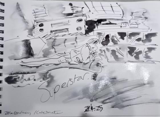 Ink doodle sketch based on Jin echo photo lying on sofa in attic room
