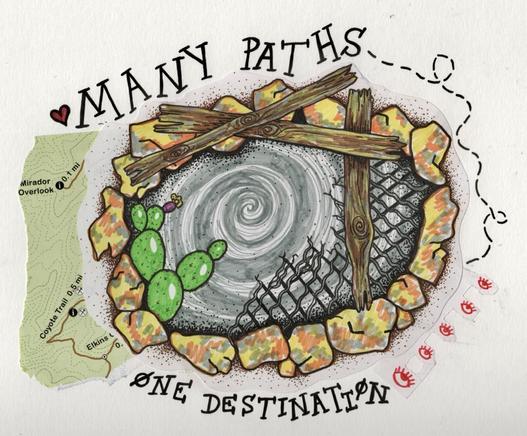 Illustration of a mine, surrounded by calico rocks, with dead logs thrown over it, broken fencing poking from the sides, and a prickly pear cactus growing from the edge. There’s a grey swirl in the mine, like you’re staring into a void. It’s captioned “many paths, one destination” & decorated with a scrap of the map from the park where I found the mine.