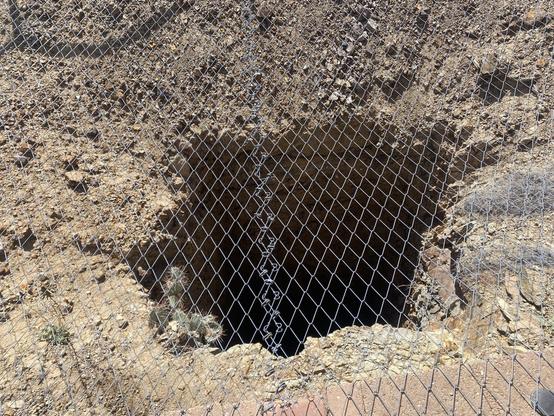 Picture of one of the mines at Cerrillos Hills State Park - with chain link fencing over it & a prickly pear cactus growing from the edge of the hole