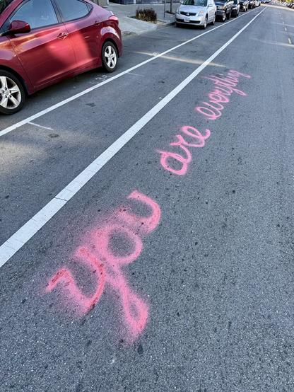 Pink spray paint on the street that says “you are everything” in cursive writing. The writing is very big and stretches for about ten feet.
