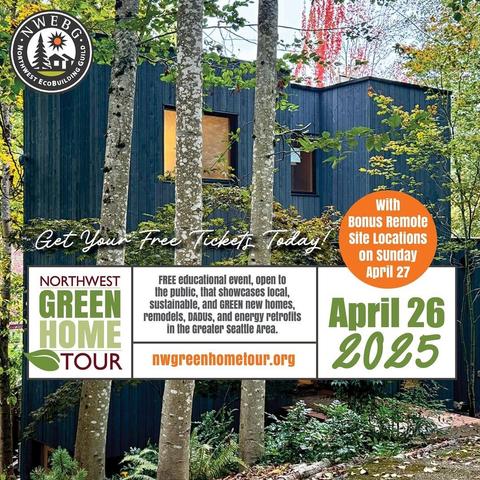 Event flyer with color photo of dark blue-gray 2-story house surrounded by young green-leafed trees, info text in bright green, orange and black