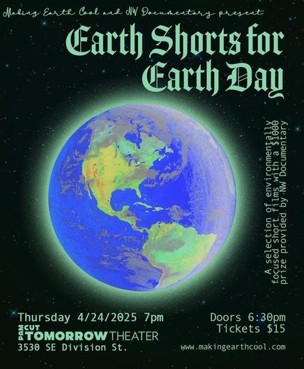 Event flyer with illustration on earth in center ringed n green on black background, info text in fluorescent green