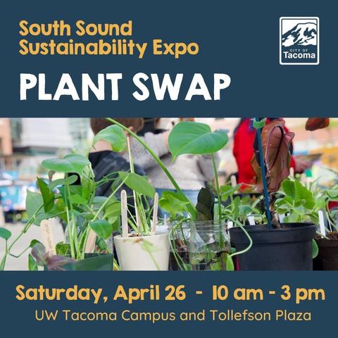 Event flyer with dark marine blue background with color photo of young green plants in white and black containers and people in background , info text in white and mango