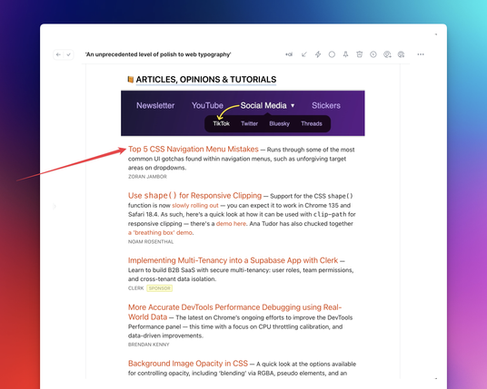 A screenshot of an email client showing Frontend Focus newsletter with highlighted article "Top 5 CSS Navigation Menu Mistakes" by Zoran Jambor.