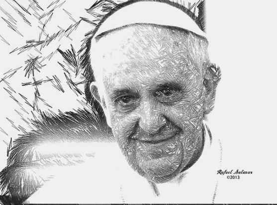Ink drawing of Pope Francis in black and white wearing his white robe and white cap or zucchetto traditional of the papal vestment. Artwork by artist Rafael Salazar at RafaelSalazar.com