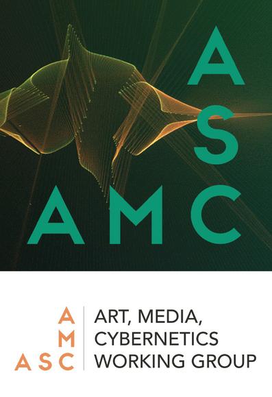 A visually striking graphic for the Art, Media, Cybernetics (AMC) Working Group. The top portion shows abstract, flowing digital wave patterns in yellow-orange against a deep green background, with 'A S A M C' in teal typography. The bottom section presents the full name 'ART, MEDIA, CYBERNETICS WORKING GROUP' in black text alongside the 'A M C' acronym in orange, set against a clean white background. The design blends digital aesthetics with professional branding.
