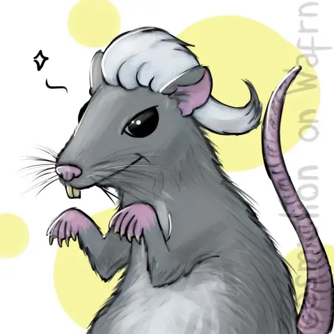 Digital fully rendered illustration of a grey rat, drawn from the waist up. It has white hair on is head, slicked back. It is smirking at the viewer. The background is white with yellow cirles of various sizes.