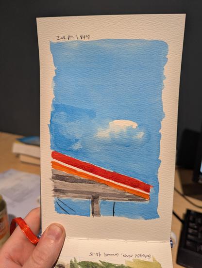 A gas station roof is stark red and orange against a blue sky. The roof extends almost the entire way across the image, slicing the bottom third of the sky off. It is labeled 2:04 PM | 84 F.