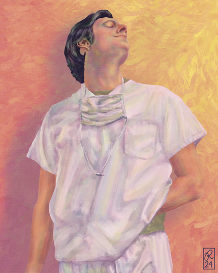 digital painting of Hawkeye from M*A*S*H looking up with a peaceful expression on his face as the sun shines down on him. he is in white scrubs and the light casts an iridescent glow on him everywhere it catches.