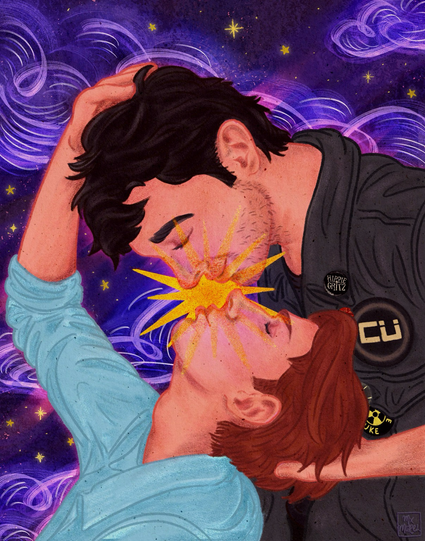 digital painting of Todd and Dirk from Dirk Gently’s Holistic Detective Agency. They are both in profile with their backs towards the right of the canvas, with dirk in the lower half leaning back and his lips slightly puckered as if requesting a kiss. His right arm is reaching up to cup the back of Todd’s head. Todd’s visible hand is cradling the back of Dirk’s head as he looks down with a soft smile, their faces are very close to each other. The background is a dreamy/fantastical night sky in deep purples and indigos with streaks of pink highlights and yellow stars, with swirly clouds made up of various shades of purple.