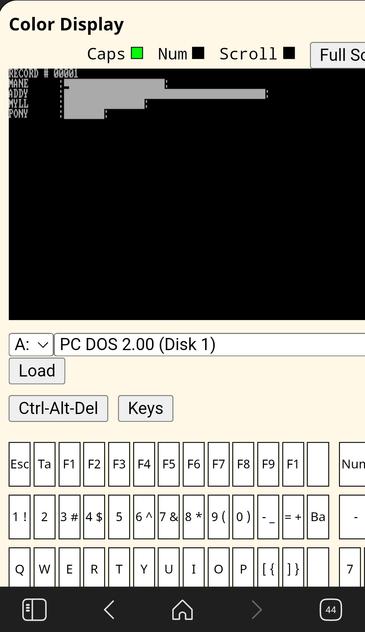a screen image of a pc dos 2.00 running dbaseii and the 4 fields are ready for input
