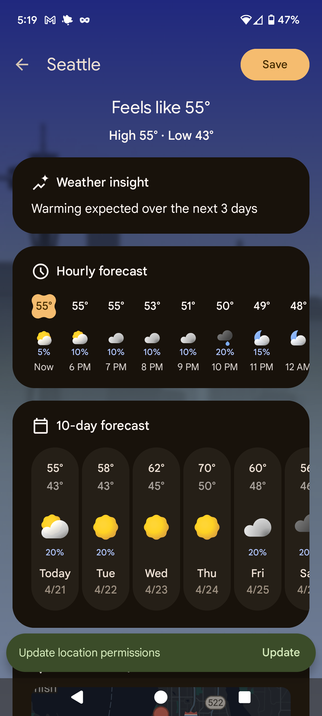 Screenshot of a weather app that includes an AI prompt that "warming is expected over the next three days". The forecast very plainly shows that the temperatures will be going up over the next three days.