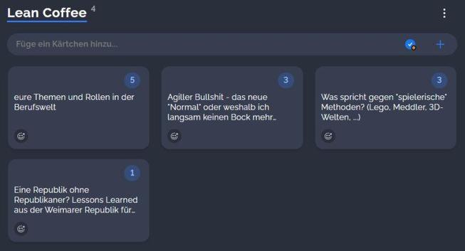 Lean Coffee Themen
- Eure Themen und Rollen in der Berufswelt
- Was spricht gegen &quot;spielerische&quot; Methoden? (Lego, Meddler, 3D-Welten, …)
- Agiller Bullshit – das neue &quot;Normal&quot; oder weshalb ich langsam keinen Bock mehr habe ;-)
- Eine Republik ohne Republikaner? Lessons Learned aus der Weimarer Republik für heute.