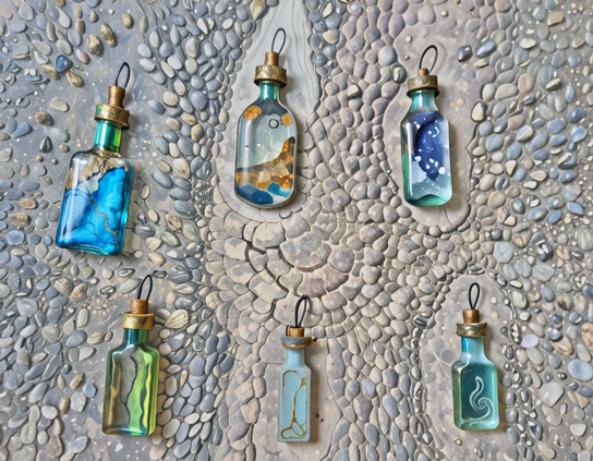 Six mysterious and colorful glass bottles, some glowing, with variously futuristic, cosmic and sci-fi designs, arranged on a textured stone surface that shows signs of a recent time machine explosion.