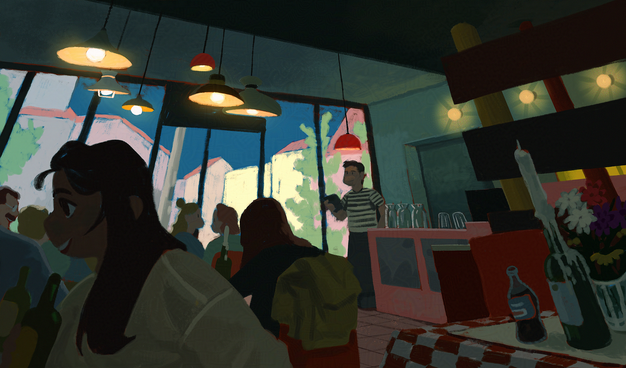 digital painting of the interior of a restaurant in Bucharest, Romania. the interior is lit in a moody, warm way and through large windows in the background you can see the sunset's warmth projected onto buildings against a dark evening sky.