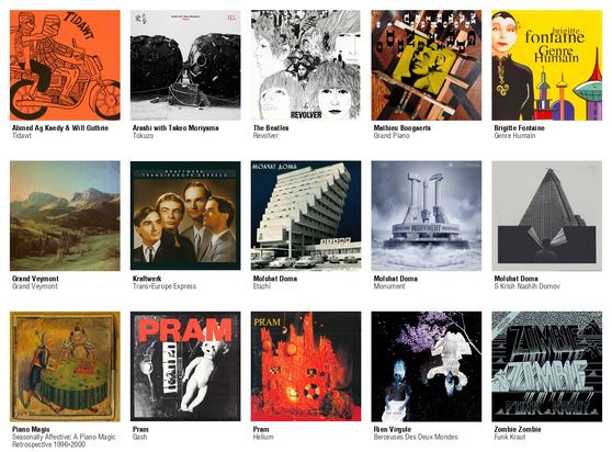 Collage des pochettes des albums de Ahmed Ag Kaedy & Will Guthrie (Tidawt), Arashi with Takeo Moriyama (Tokuzo), The Beatles (Revolver), Mathieu Boogaerts (Grand Piano), Brigitte Fontaine (Genre Humain), Grand Veymont (Grand Veymont), Kraftwerk (Trans-Europe Express), Molchat Doma (Etazhi), Molchat Doma (Monument), Molchat Doma (S Krish Nashih Domov), Piano Magic (Seasonally Affective: A Piano Magic Retrospective 1996-2000), Pram (Gash), Pram (Helium), Rien Virgule (Berceuses Des Deux Mondes), Zombie Zombie (Funk Kraut)