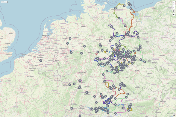 a map with many points and routes across germany