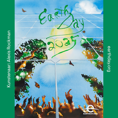 Kunstwerk van Alexis Rockman voor earthday.org. Reflectie in een zonnepaneel van bomen en vlinders en er staan mensen die met hun handen omhoog wijzen.