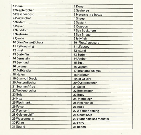 A list of daily prompts in German and English

1 Dune 2 Seepferdchen 3 Flaschenpost 4 Deichschaf 5 Sextant 6 Kraken 7 Sanddorn 8 Seebrücke 9 Qualle 10 (Pirat*innen) Schatz 11 Rettungsring 12 Insel 13 Surfer*in 14 Bernstein 15 Seehund 16 Lagune 17 Aufblastier 18 Hafen 19 Glas von Dreck 20 Austernfischer 21 Seemann -frau 22 Wellenbrecher 23 Boje 24 Nixe 25 Frischemarkt 26 Felsen 27 Fischer*in 28 Geisterschiff 29 Wasserman 30 Fähre 31 Strand

1 Dune 2 seahorse 3 message in bottle 4 sheep 5 Sextant 6 octopus 7 sea buckthorn 8 sea bridge 9 jellyfish 10 pirate treasure 11 lifebuoy 12 island 13 surfer 14 amber 15 seal 16 lagoon 17 inflatable animal 18 harbor 19 jar of dirt 20 oystercatcher 21 sailor 22 breakwater 23 buoy 24 merbeing 25 fish market 26 rock 27 person fishing 28 ghost ship 29 humanoid sea monster 30 ferry 31 beach