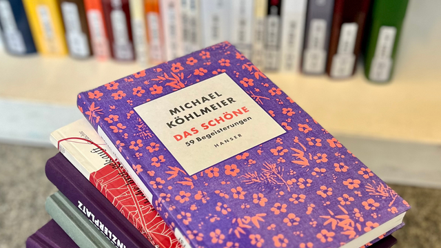 Auf dem Boden liegender Stapel mit Büchern, oberster Titel "Michael Kohlmeier, Das Schöne". Im Hintergrund unterste Regalreihe in der Bibliothek Alte Münze mit Büchern.