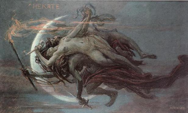 A muted pastel drawing of fierce movement: three women are entwined in flight, flanked by a crescent moon. One has darker skin and an older body--she carries a torch. The others have lighter skin and arc around her as if turning in the air, which is turbulent with their magic.