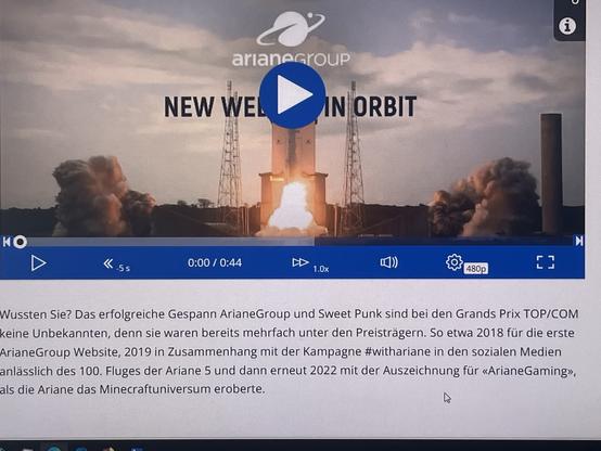 A video thumbnail showing a rocket launch with the text "NEW WELT IN ORBIT" and the ArianeGroup logo. Below, there is a description in German discussing the collaboration between ArianeGroup and Sweet Punk, mentioning awards and social media