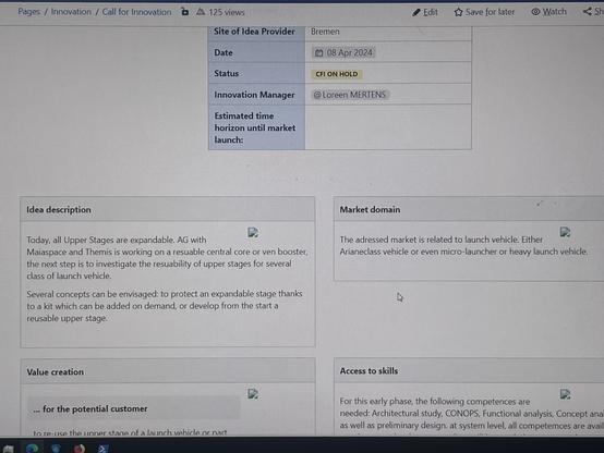 A screenshot of a project management interface displaying information about an innovation initiative related to reusable launch vehicle technology. It includes sections for an idea description, market domain, value creation, and access to skills, highlighting the project's current status as "CFI ON HOLD