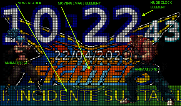 An example layout of my smartclock coded in HollywoodMAL featuring a huge clock, a moving image as background, a new reader in the screen bottom and two animated GIFs showing King of Fighters characters in their idle stances.