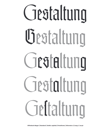 "Gestaltung" set several times in Offenbach with different stylistic alternates used per line.