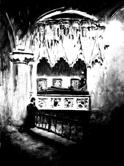 Black and white version of the fifteenth century tomb of Rahere, a wash of light across it from the clerestory windows and a cassocked figure kneeling at the altar rail by the head.
