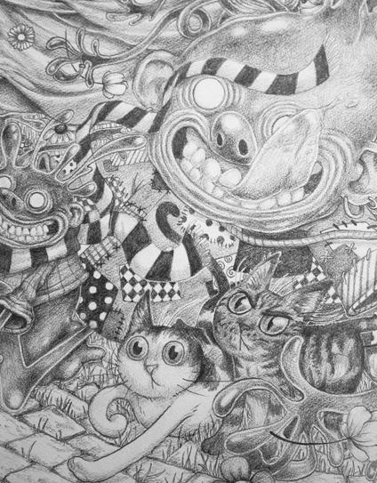 Gros plan sur le dessin où sont représentés deux adorables chatons qui courent avec les créatures. L'une a une oreille cassée, de grands yeux ronds et des taches de couleurs sur son pelage blanc. L'autre fronce les sourcils et a l'air ronchon, son pelage est rayé. Au-dessus, il y'a la grosse tête d'une créature qui tire la langue.