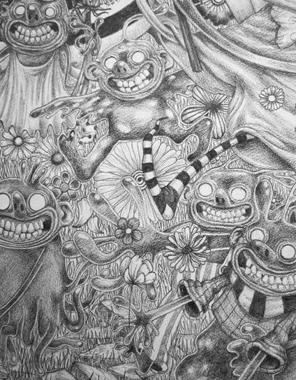 Gros plan sur le dessin. On voit des morceaux de créatures qui sont en train de s'élancer. Il y a beaucoup de fleurs qui volent partout, et de l'herbe dans le fond. Une créature portent des collant rayés, une autre a des ailes liquide à la place des bras. Toutes ont les yeux blancs et sourient à pleines dents.