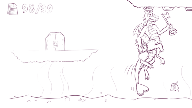 A dragon taur hanging over a pit of lava using their crossed horns on monkey bars above. They hold precious treasures in their hands, and are trying to grab at a shiny page using their tail. A counter in the corner indicates this is the last page needed for 100% completion