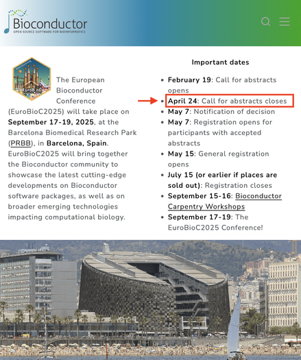 Screenshot showing the EuroBioC2025 abstract submission deadline as April 24, 2025, and key conference dates for the Bioconductor community event in Barcelona, Spain.
