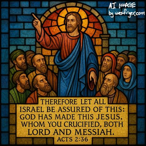 A stained glass depiction of Jesus addressing a crowd, highlighting a biblical verse from Acts 2:36. The scene features Jesus in a red and blue robe, pointing while surrounded by attentive listeners. The background includes blue brick and a colorful circular pattern.