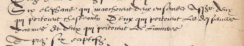 Extrait des délibérations communales de Rouen, en octobre 1550 : "Six elephans qui marchoient deux ensembles, assavoir deux qui portoient chasteaulx, deux qui portoient les [despouilles] d’armes et deux qui portoient les [lumieres]"